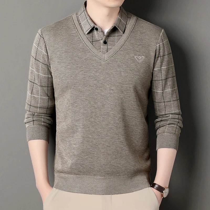 Male Fleece Knitted Sweater Men's Pullover Autumn Winter T-shirt Collar Sweaters Beige Navy Blue Korean Top Clothing