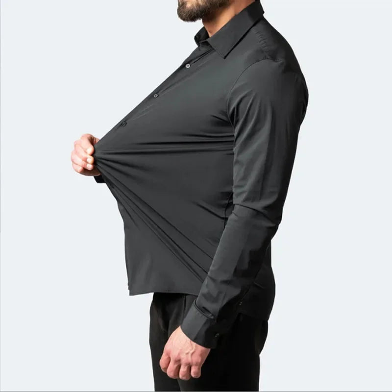 6xl New summer black men's shirt elastic force non-iron long-sleeved business casual shirt solid color mercerized vertical