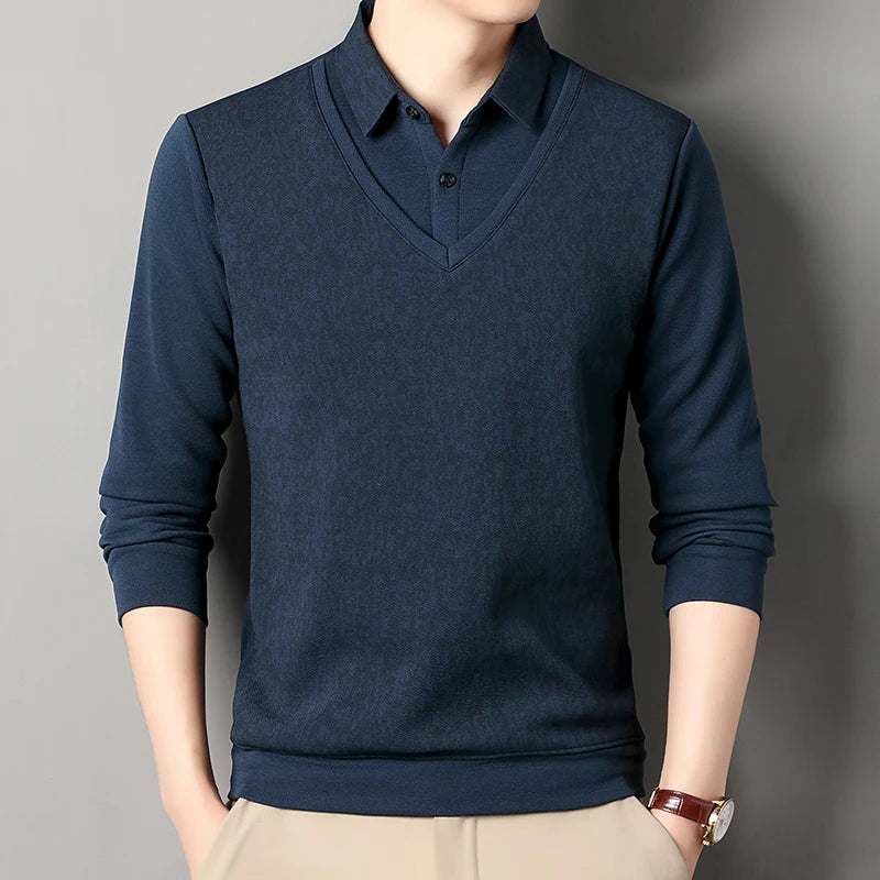 Male Fleece Knitted Sweater Men's Pullover Autumn Winter T-shirt Collar Sweaters Beige Navy Blue Korean Top Clothing