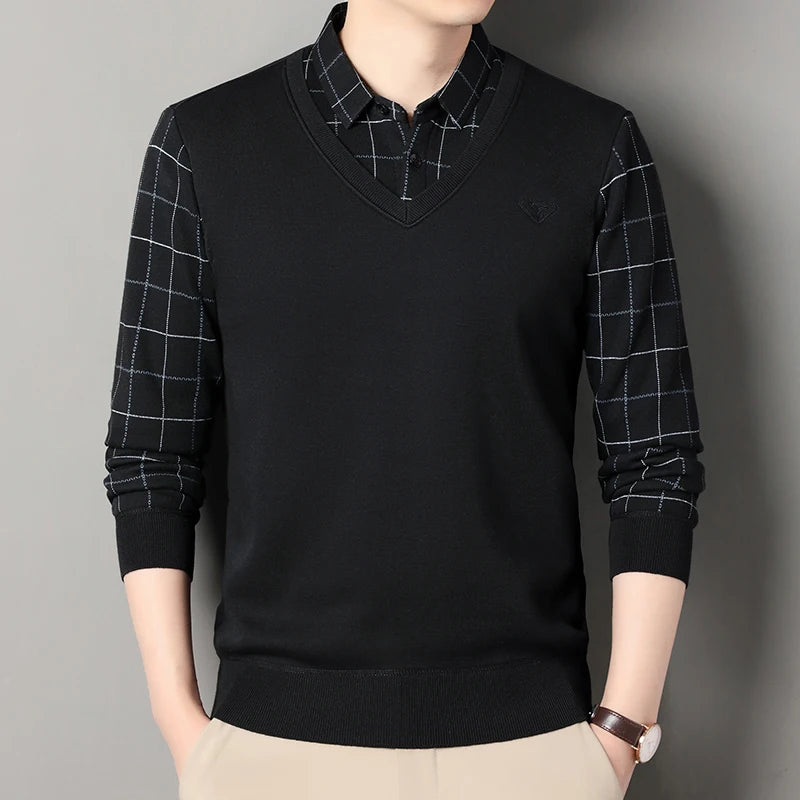 Male Fleece Knitted Sweater Men's Pullover Autumn Winter T-shirt Collar Sweaters Beige Navy Blue Korean Top Clothing