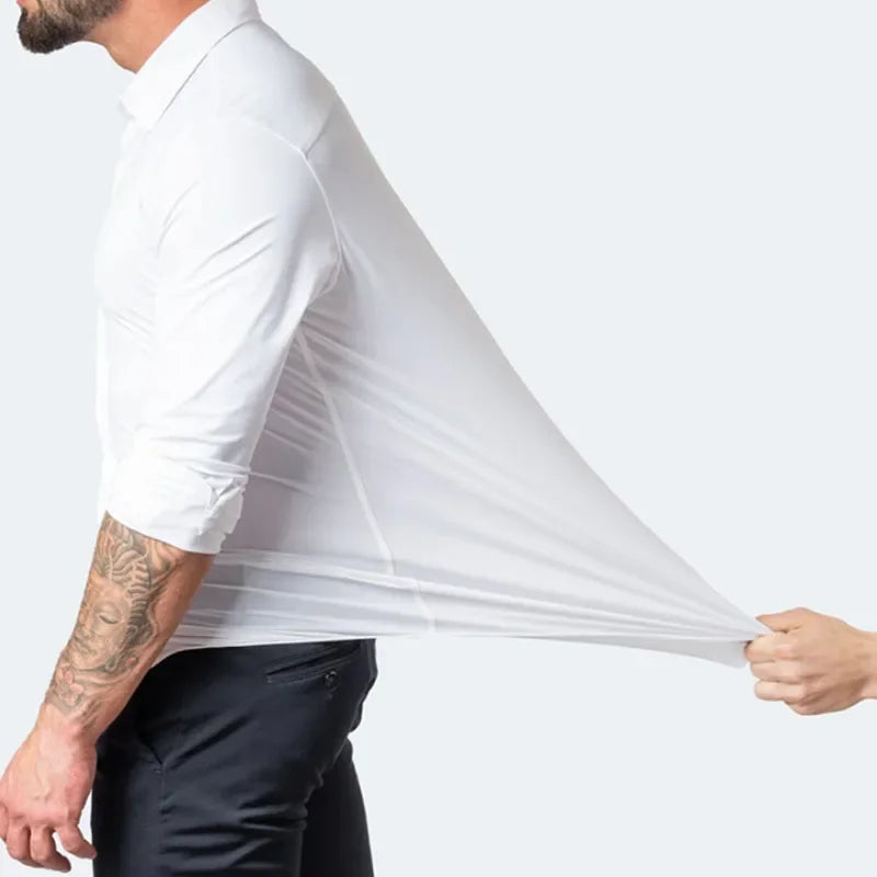6xl New summer black men's shirt elastic force non-iron long-sleeved business casual shirt solid color mercerized vertical