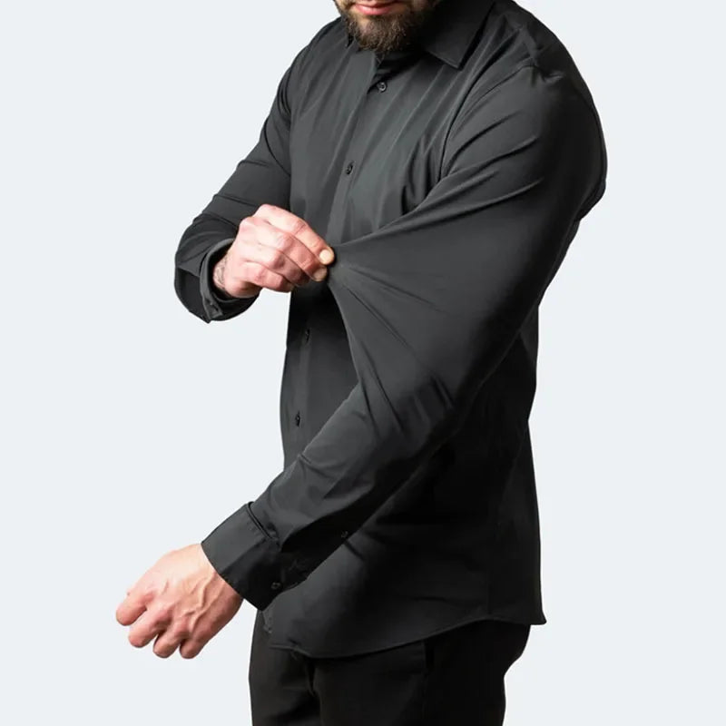 6xl New summer black men's shirt elastic force non-iron long-sleeved business casual shirt solid color mercerized vertical