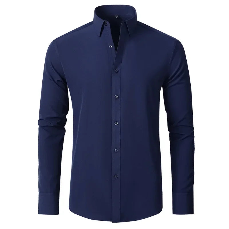 6xl New summer black men's shirt elastic force non-iron long-sleeved business casual shirt solid color mercerized vertical