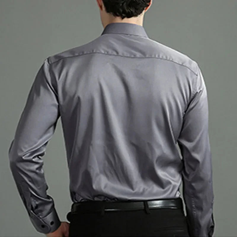6xl New summer black men's shirt elastic force non-iron long-sleeved business casual shirt solid color mercerized vertical