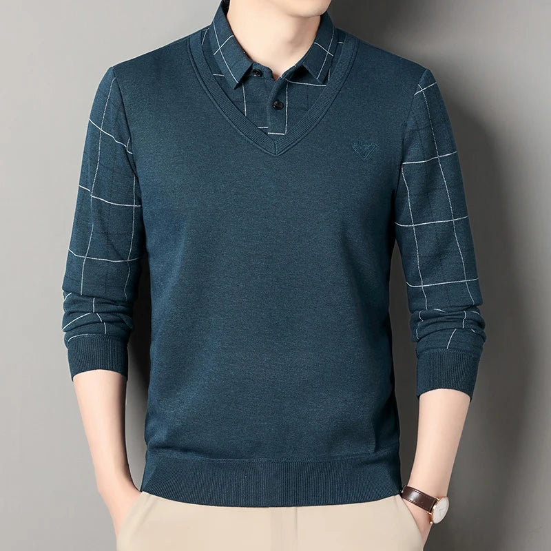 Male Fleece Knitted Sweater Men's Pullover Autumn Winter T-shirt Collar Sweaters Beige Navy Blue Korean Top Clothing