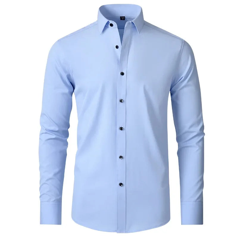 6xl New summer black men's shirt elastic force non-iron long-sleeved business casual shirt solid color mercerized vertical
