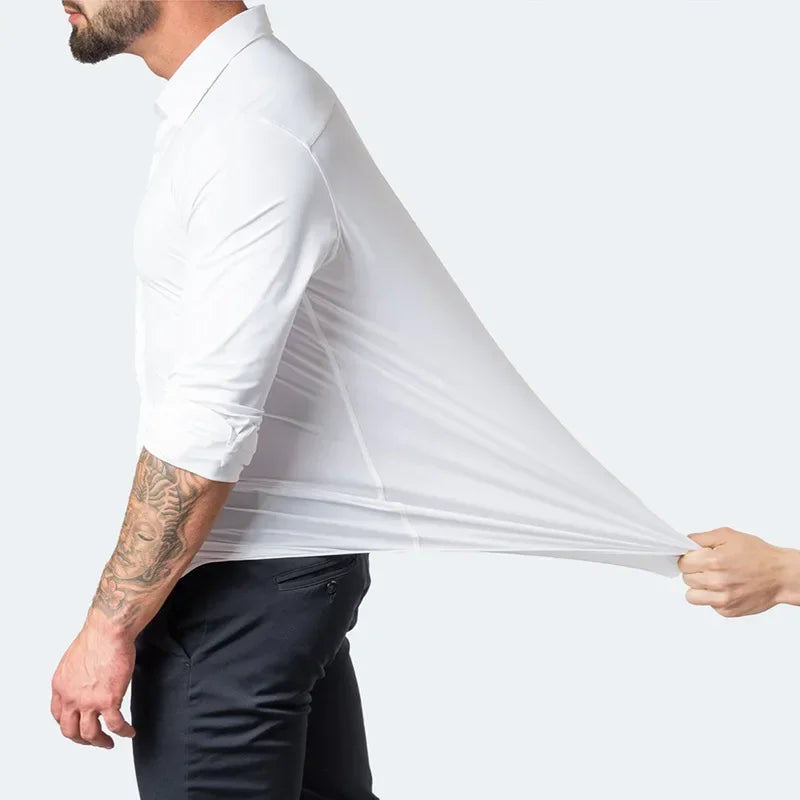 6xl New summer black men's shirt elastic force non-iron long-sleeved business casual shirt solid color mercerized vertical