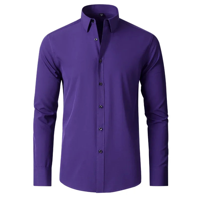 6xl New summer black men's shirt elastic force non-iron long-sleeved business casual shirt solid color mercerized vertical