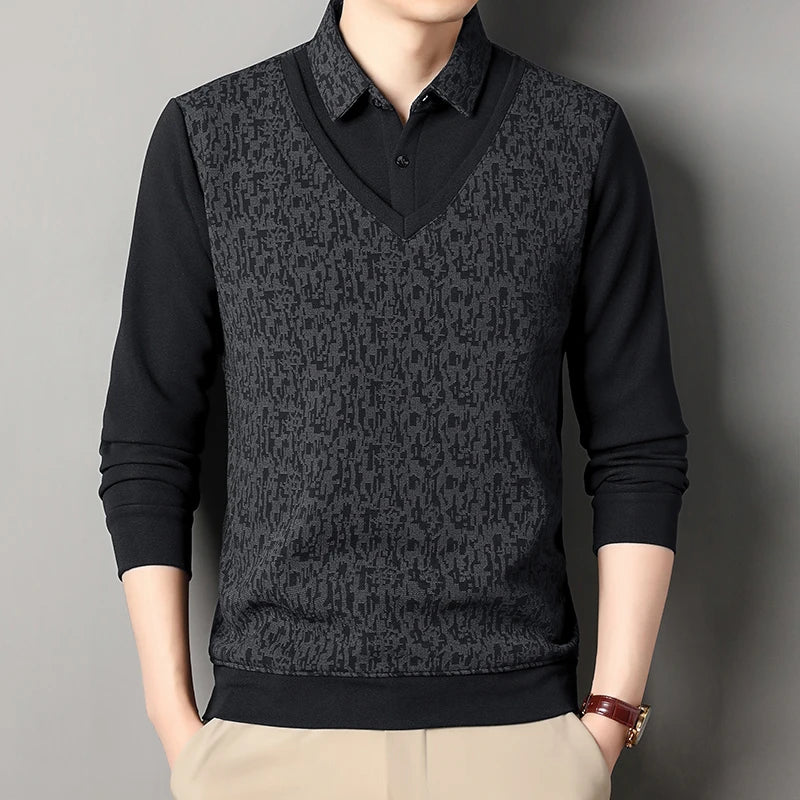 Male Fleece Knitted Sweater Men's Pullover Autumn Winter T-shirt Collar Sweaters Beige Navy Blue Korean Top Clothing