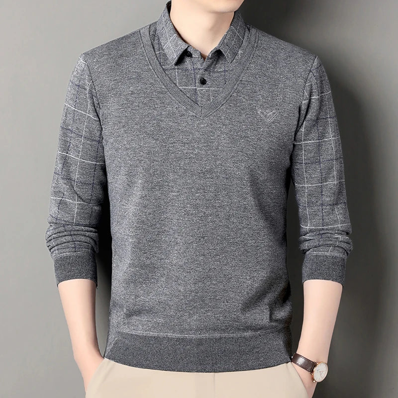 Male Fleece Knitted Sweater Men's Pullover Autumn Winter T-shirt Collar Sweaters Beige Navy Blue Korean Top Clothing